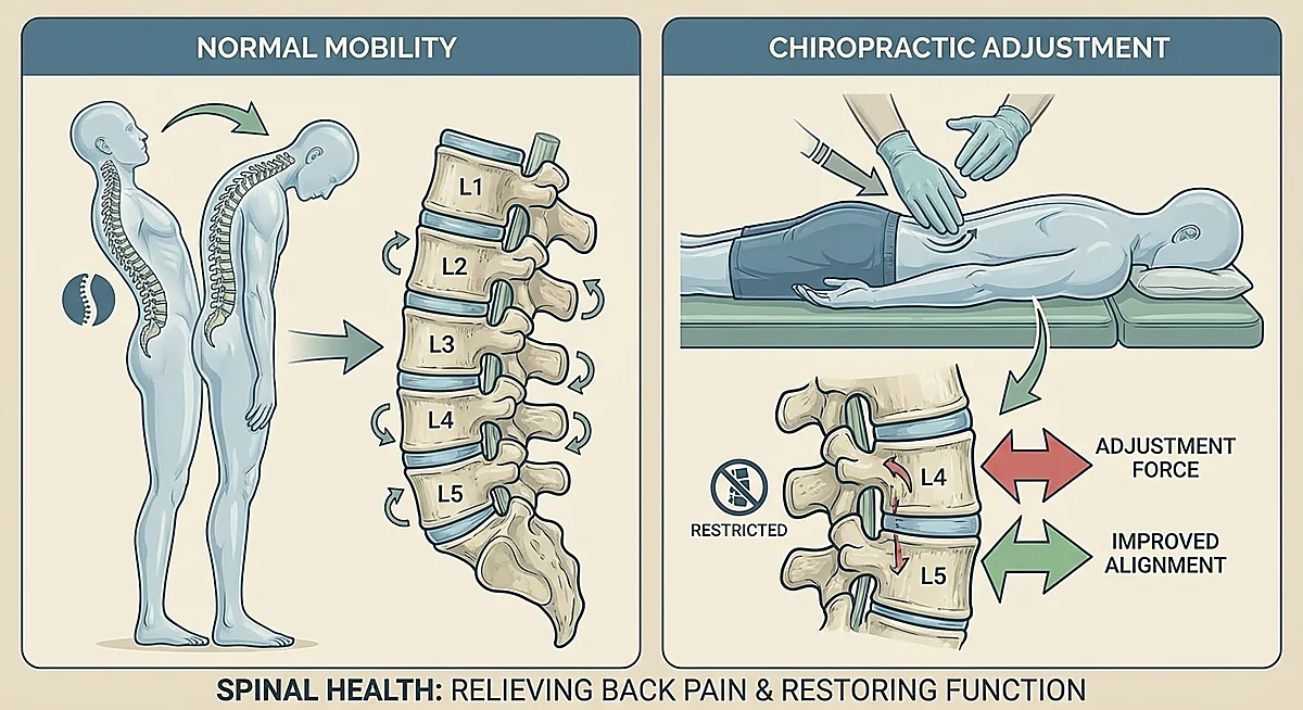 spinal adjustment for back pain illustration showing lumbar spine movement (chiropractor for back pain / lower back pain relief)