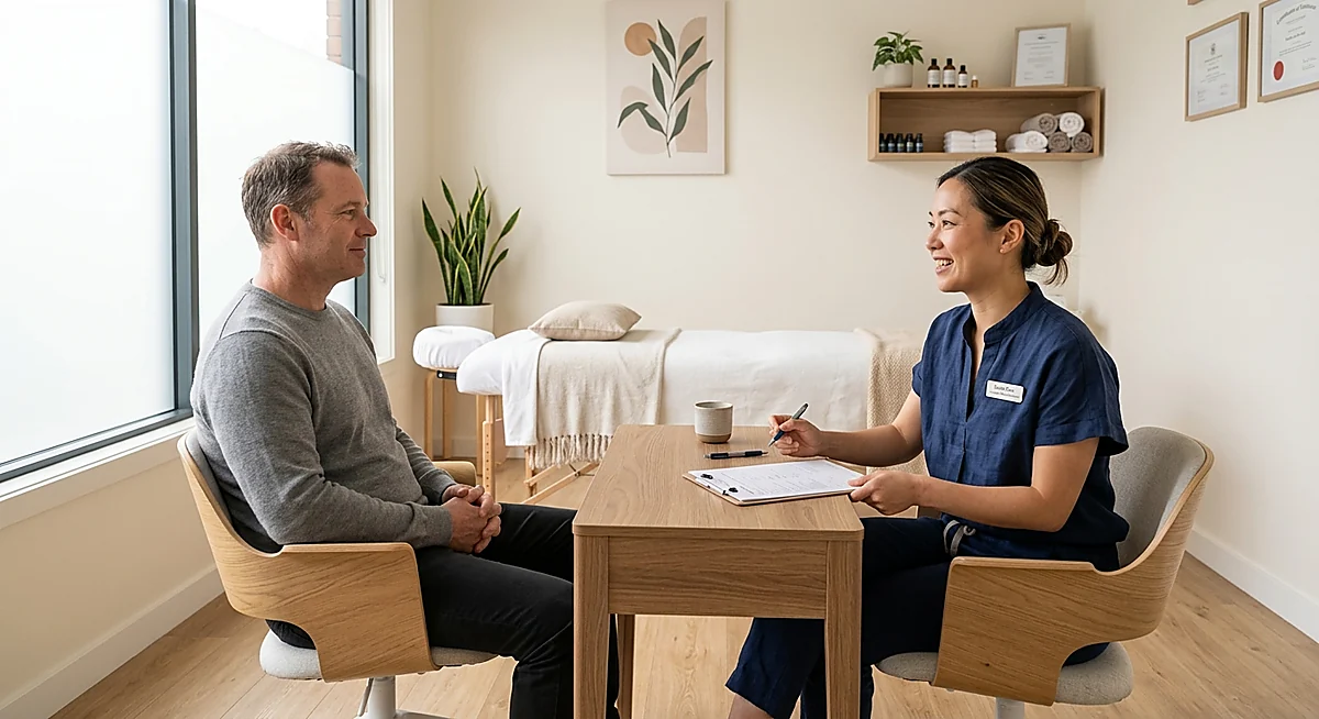 Acupuncture for stress and tension consultation in a calm wellness clinic