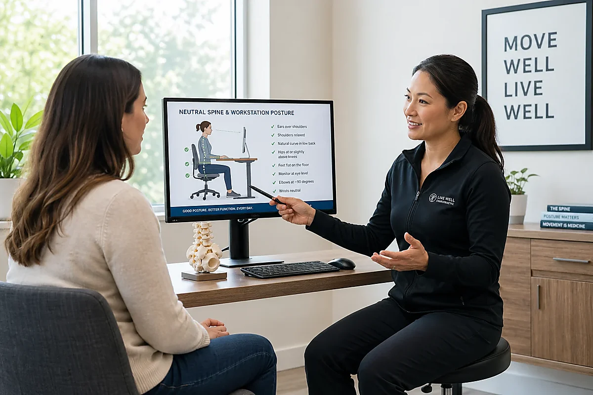 Long Island chiropractor for posture problems evaluating desk posture