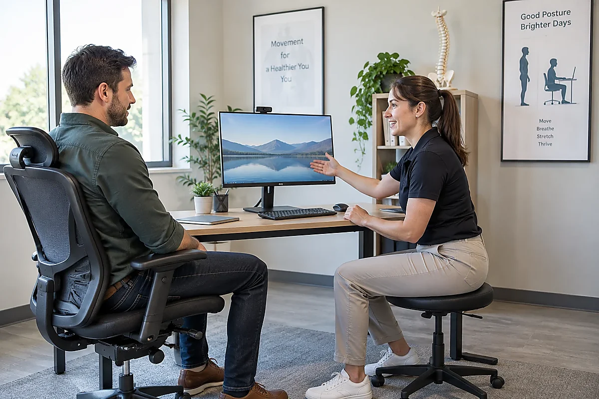 Workstation discussion during an evaluation for chiropractic care for desk job neck pain