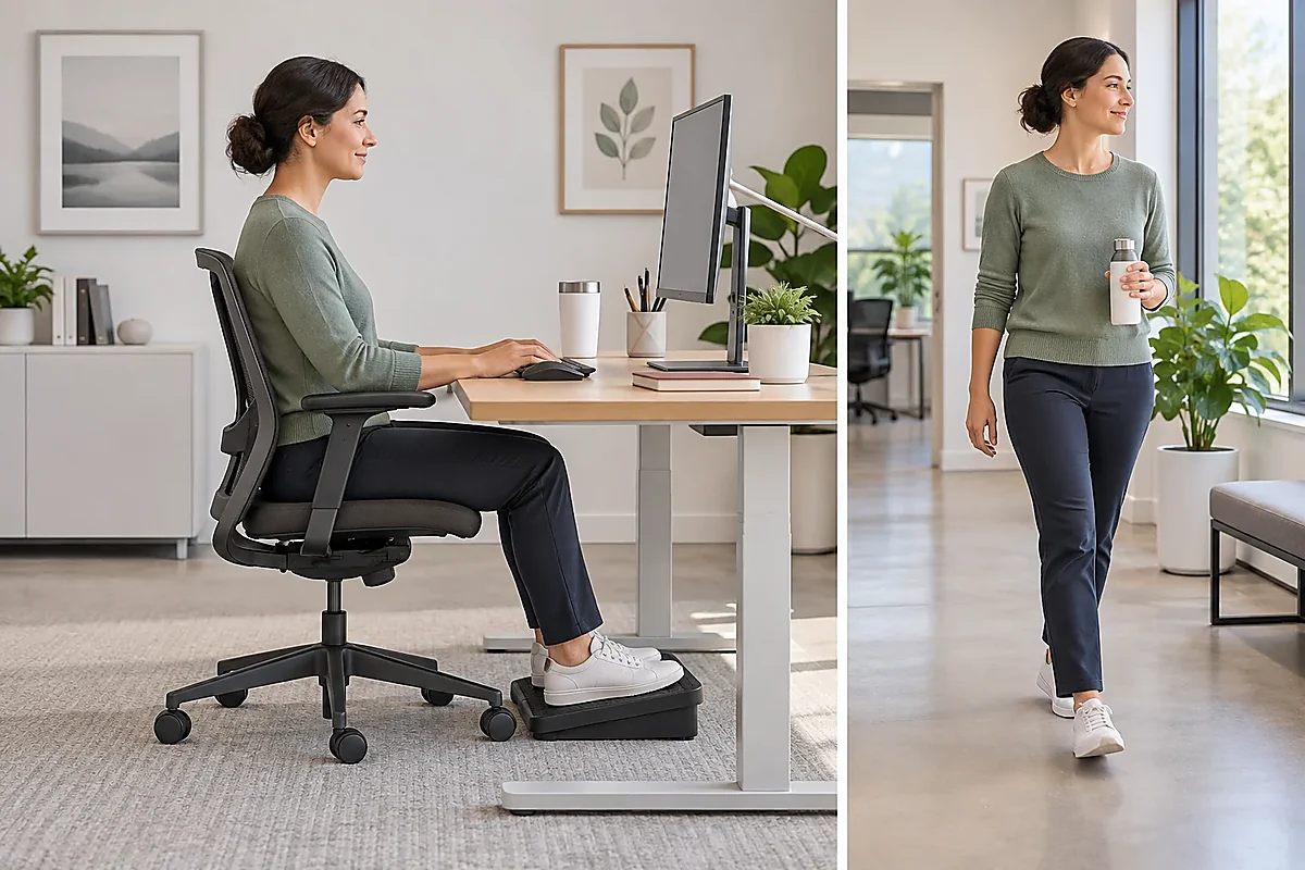 Workstation adjustments and a walking break for neck stiffness from sitting (desk neck treatment / chiropractor for neck tension)