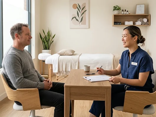 Acupuncture for stress and tension consultation in a calm wellness clinic