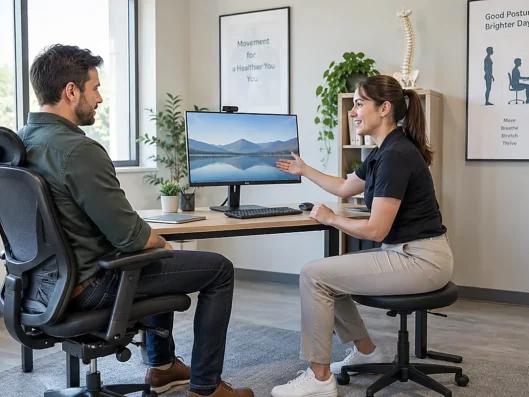 Workstation discussion during an evaluation for chiropractic care for desk job neck pain